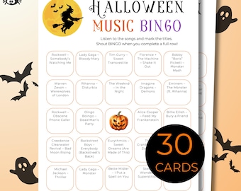 Halloween Music Bingo Printable PDF, 30 Cards + Tokens with Spotify Playlist, Party Game for Kids & Adults, Instant Download