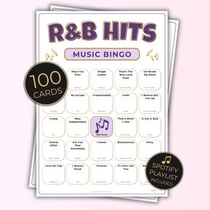 R&B Music Bingo, 100 Unique Cards with Spotify Playlist, Printable Party Game & Music Night Activity