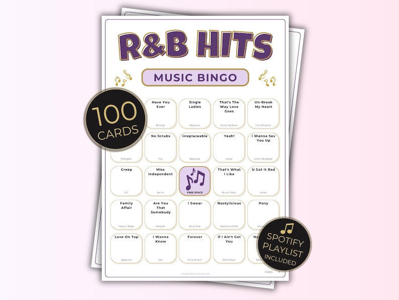 R&B Music Bingo, 100 Unique Cards with Spotify Playlist, Printable Party Game & Music Night Activity
