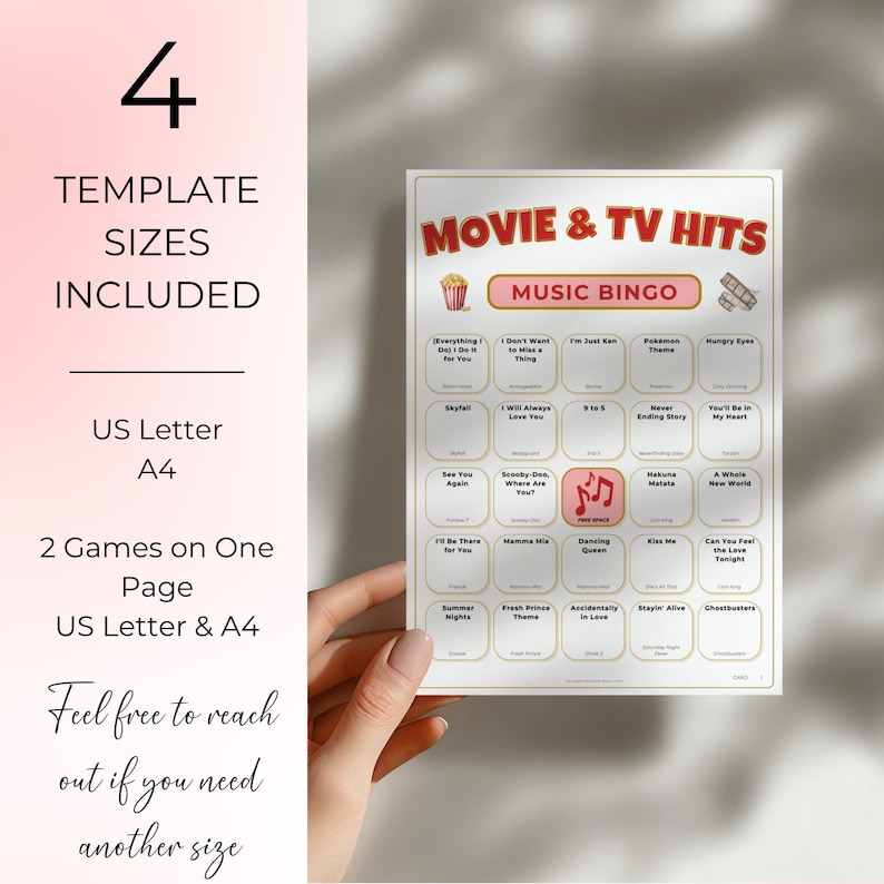 Movies & Shows Music Bingo, Fun Printable Game for Parties, 100 Bingo Cards + Spotify Playlist for Game Night