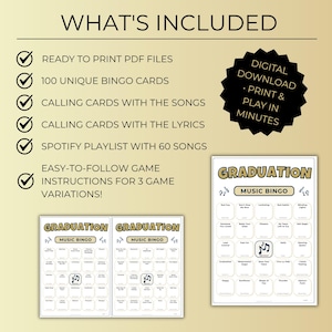 Graduation Music Bingo, 100 Unique Cards with Spotify Playlist, Printable Party Game and Music Night Activity, Celebration