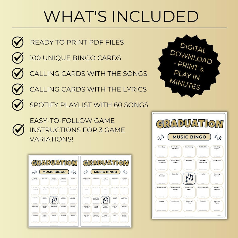 Graduation Music Bingo, 100 Unique Cards with Spotify Playlist, Printable Party Game and Music Night Activity, Celebration