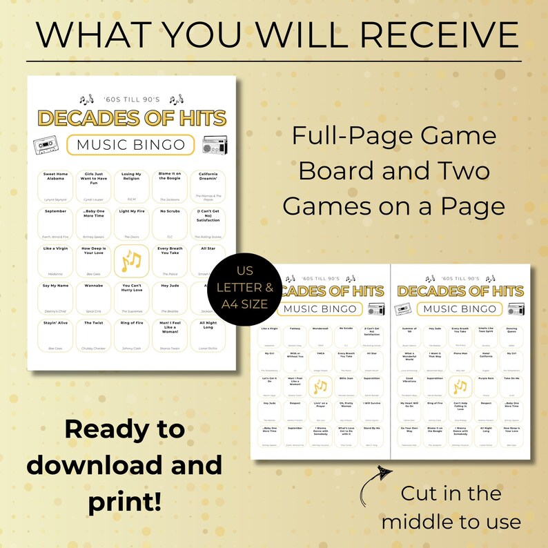 Decades of Hits Music Bingo printable files, full page bingo board and two games on one page, ready to download and print