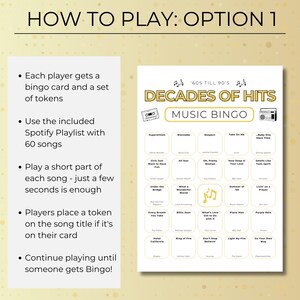 How to play Music Bingo using Spotify playlist, Decades of Hits bingo game with 60 songs from the 60s to 90s