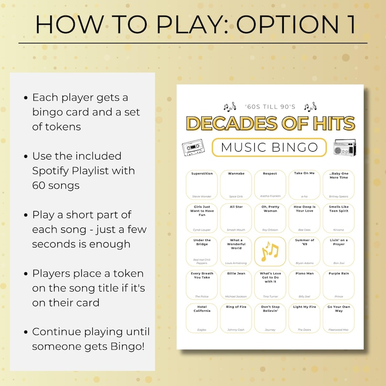How to play Music Bingo using Spotify playlist, Decades of Hits bingo game with 60 songs from the 60s to 90s