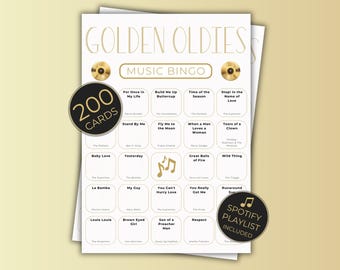 Juego de bingo con canciones de los años 50 y 60, bingo retro imprimible (200 cartones)