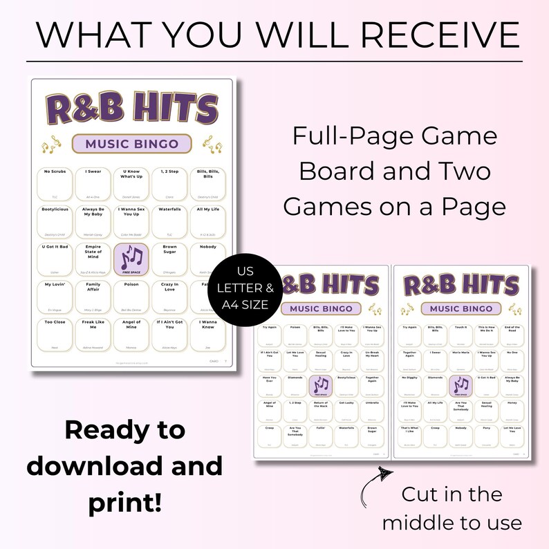 R&B Music Bingo, 100 Unique Cards with Spotify Playlist, Printable Party Game & Music Night Activity