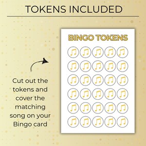 Music Bingo tokens included, printable bingo markers with music notes, Decades of Hits Music Bingo game digital download
