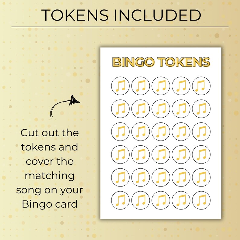 Music Bingo tokens included, printable bingo markers with music notes, Decades of Hits Music Bingo game digital download