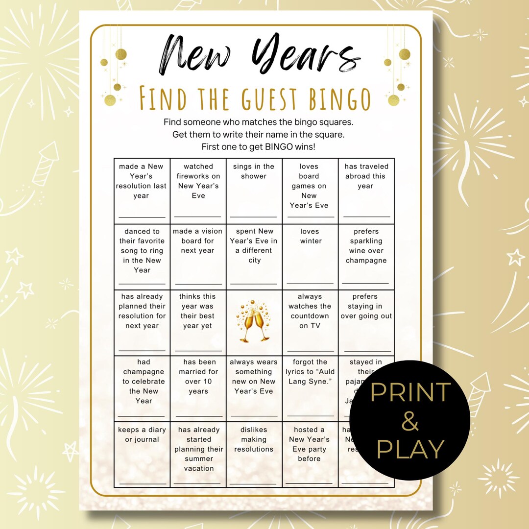 New Year’s Eve Find Someone Who Bingo, Fun Party Icebreaker Game ...