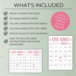 Love Songs Music Bingo, Fun Printable Game, Valentine's Day Celebration, 30 Cards, Music Party Activity
