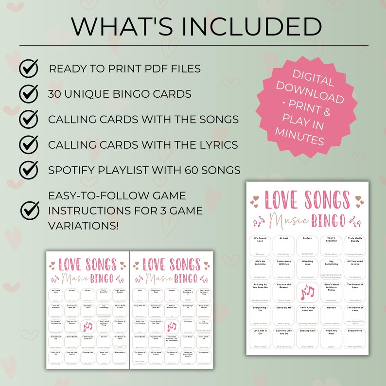 Love Songs Music Bingo, Fun Printable Game, Valentine's Day Celebration, 30 Cards, Music Party Activity