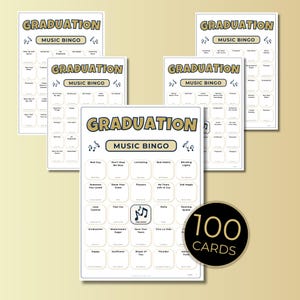 Graduation Music Bingo, 100 Unique Cards with Spotify Playlist, Printable Party Game and Music Night Activity, Celebration
