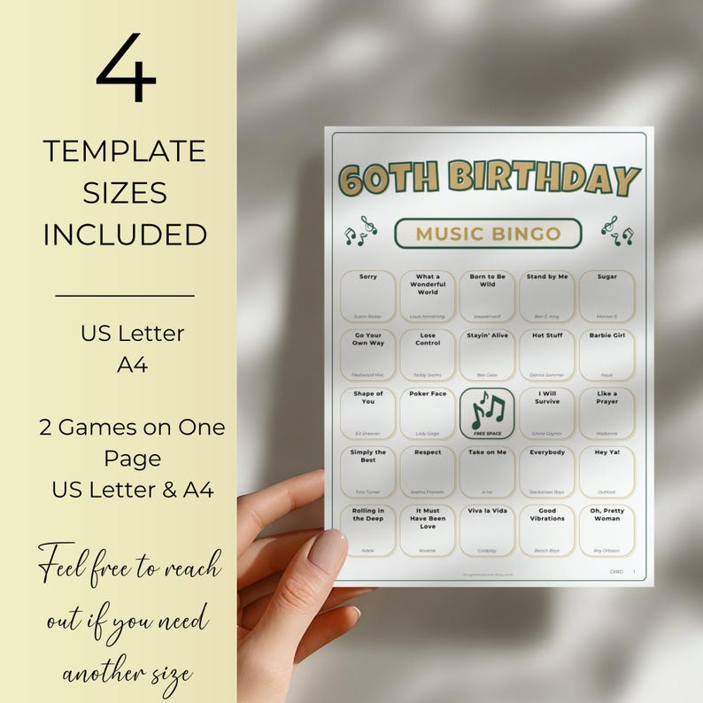 60th Birthday Music Bingo, 100 Printable Cards, Fun Party Game, Spotify Playlist, 1966 Celebration, Instant Download