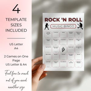 May include: A white Rock 'N Roll Music Bingo game card with song titles. The card includes the text "4 TEMPLATE SIZES INCLUDED" and "US Letter A4". The card is held by a person.