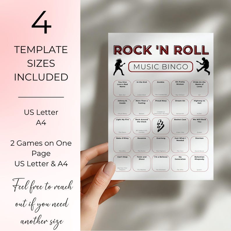 May include: A white Rock 'N Roll Music Bingo game card with song titles. The card includes the text "4 TEMPLATE SIZES INCLUDED" and "US Letter A4". The card is held by a person.