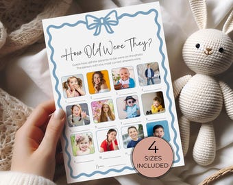 Gra Blue Bow „Ile lat mieli mama i tata”, gra „Przyszli rodzice” na baby shower, edytowalna aktywność „Zgadnij ich wiek”
