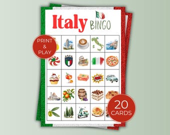 Italy Travel Bingo, 20 Printable Bingo Cards, Fun Family Game, Italian Theme Travel Activity for Kids