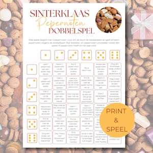 May include: A printable game sheet titled "Sinterklaas Pepernoten Dobbelspel" with dice illustrations and instructions. The sheet includes text in Dutch and a "Print & Play" button.