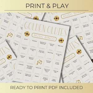 Golden Oldies Music Bingo printable cards spread out, vintage gold design, print and play music bingo party game