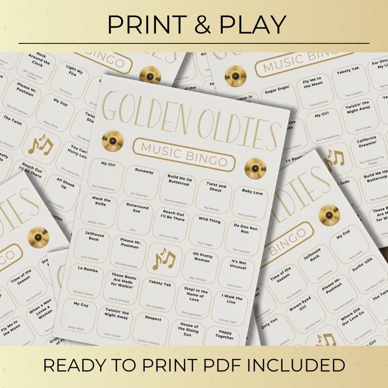 Golden Oldies Music Bingo printable cards spread out, vintage gold design, print and play music bingo party game