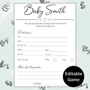 Devinez la date d'échéance et le poids, jeu de baby shower, carte de prédictions, devinez les statistiques de bébé, modèle modifiable et imprimable