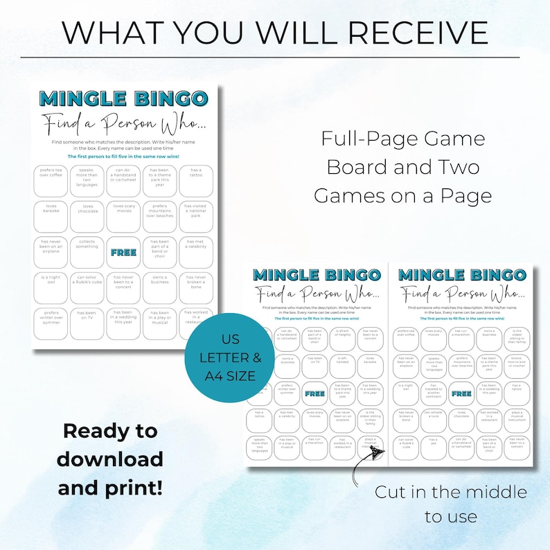 Mingle Bingo digital download showing full page bingo card and two bingo cards on one page for easy printing
