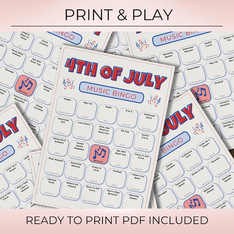 4th of July Music Bingo, Patriotic Party Game, 50 Printable Cards, Digital Download for Independence Day Fun