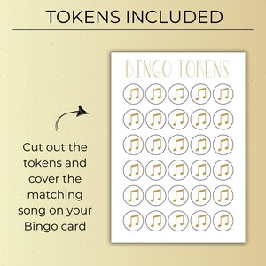 Golden Oldies Music Bingo printable tokens sheet, music note bingo markers included, cut-out tokens for classic music bingo game