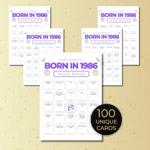 Born in 1986 Music Bingo, 100 Cards 40th Birthday Party Game, Retro 80s Printable, Spotify Playlist, Instant Download