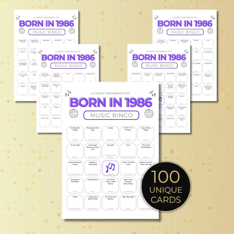 Born in 1986 Music Bingo, 100 Cards 40th Birthday Party Game, Retro 80s Printable, Spotify Playlist, Instant Download