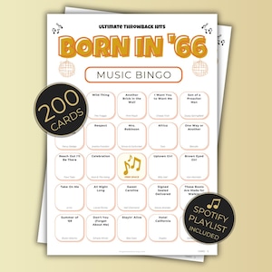 Born in 1966 Music Bingo, 200 Cards 60th Birthday Party Game, Golden Oldies, Retro Music Bingo with Spotify Playlist