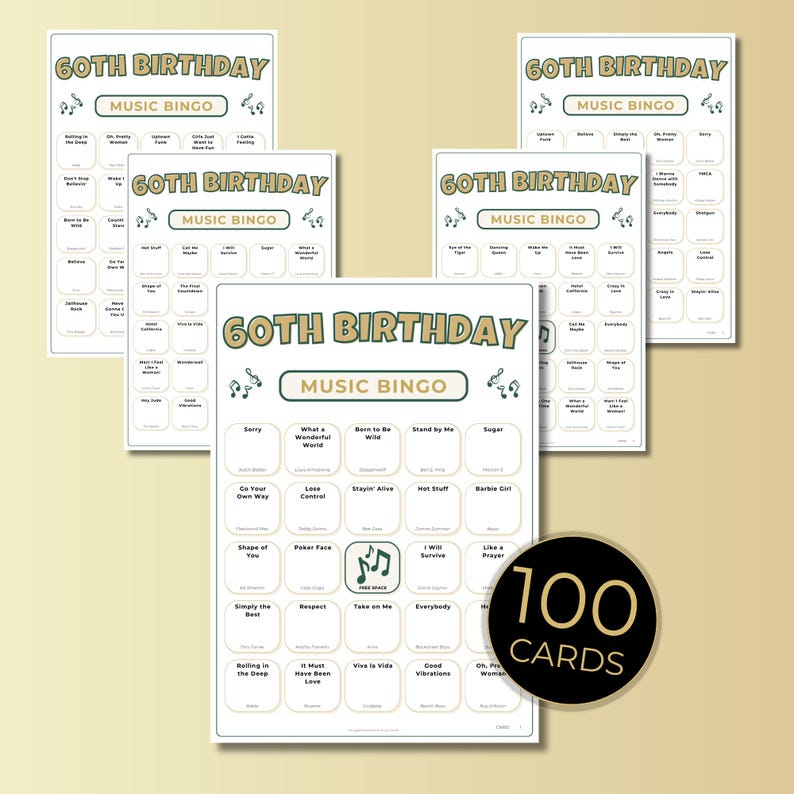 60th Birthday Music Bingo, 100 Printable Cards, Fun Party Game, Spotify Playlist, 1966 Celebration, Instant Download