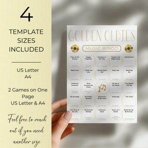 Golden Oldies Music Bingo printable shown in hand, US Letter and A4 sizes included, two bingo games per page, ready to print party game