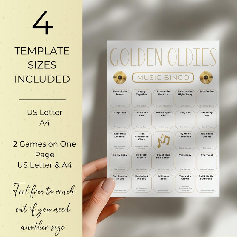 Golden Oldies Music Bingo printable shown in hand, US Letter and A4 sizes included, two bingo games per page, ready to print party game