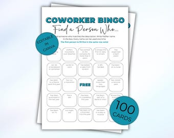 Mitarbeiter Bingo, 100 Karten, druckbares Teambildungsspiel, Büro-Eisbrecher-Aktivität, lustiges bearbeitbares Mitarbeiterengagement-Bingo, Arbeitspartyspiel