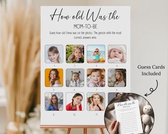 May include: A white sign on a copper easel with the text "How old Was the MOM-TO-BE". It includes 11 photos of a person, and a "Guess Cards Included" card. The sign is for a baby shower game.