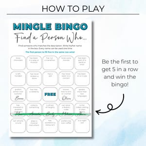 Mingle Bingo game example showing how to get five in a row to win the game