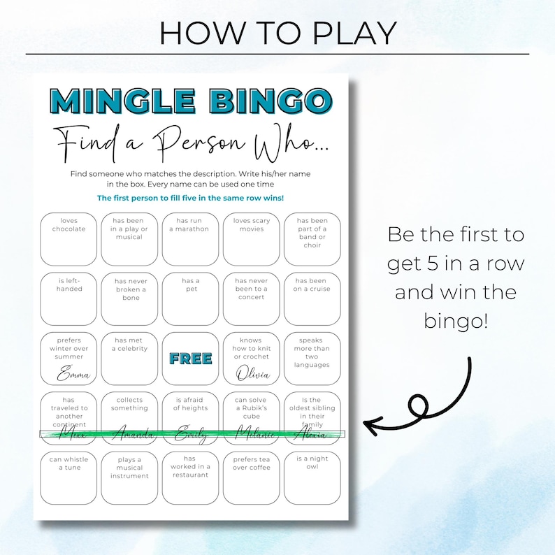 Mingle Bingo game example showing how to get five in a row to win the game
