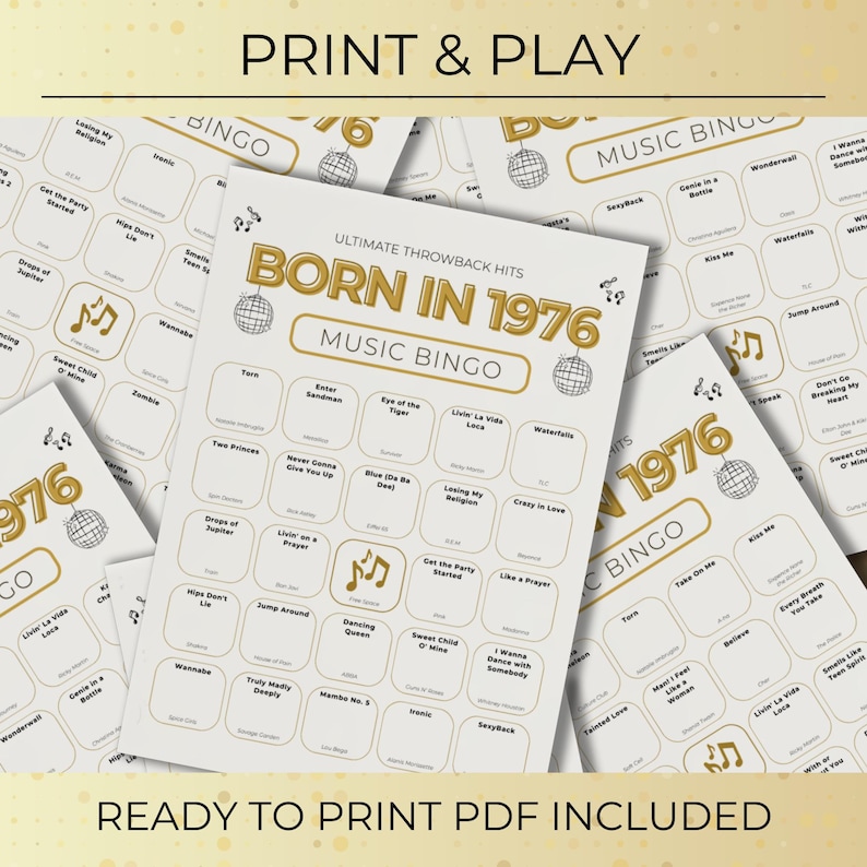 Puede incluir: Un conjunto de tarjetas de bingo imprimibles con tem&aacute;tica retro. Las tarjetas presentan el texto "BORN IN 1976 MUSIC BINGO" y t&iacute;tulos de canciones. El dise&ntilde;o incorpora gr&aacute;ficos de bolas de discoteca y notas musicales. Tambi&eacute;n se pueden leer las palabras "PRINT & PLAY" y "READY TO PRINT PDF INCLUDED".