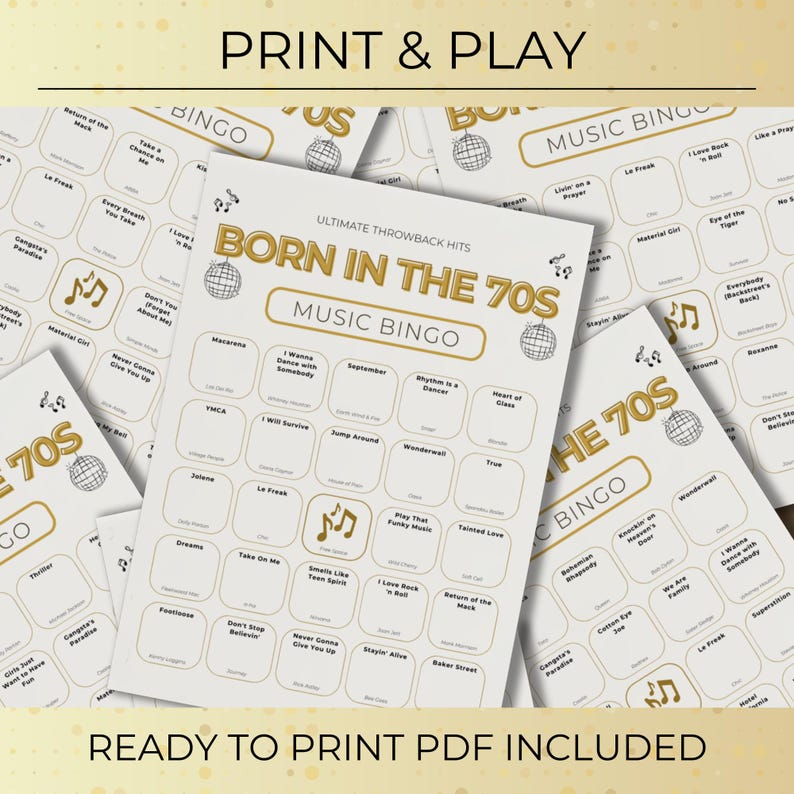 Born in the 70s Music Bingo Printable, 200 Cards 50th Birthday Party Game, Retro 1970s Activities, Spotify Playlist, Instant Download