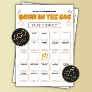 Born in the 60s Music Bingo, 400 Cards Printable, 1960s Retro Party Game, Large Group Birthday Activity, Sportify Playlist, Instant Download