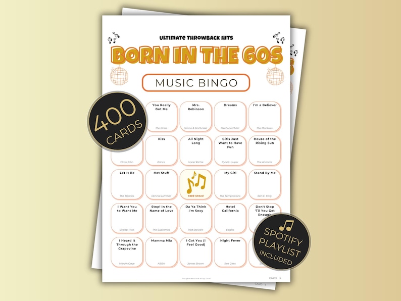 Born in the 60s Music Bingo, 400 Cards Printable, 1960s Retro Party Game, Large Group Birthday Activity, Sportify Playlist, Instant Download