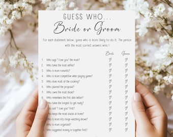 Juego de adivinar quién es el novio o la novia, divertido juego de despedida de soltera, juego imprimible para fiesta de compromiso, ¿quién conoce mejor a la pareja?