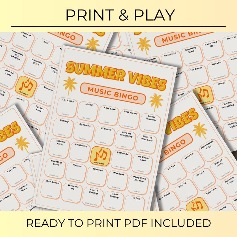 Summer Hits Music Bingo, Fun Printable Game, 200 Cards for Pool Parties, BBQs, and Family Gatherings, Spotify Playlist, Instant Download