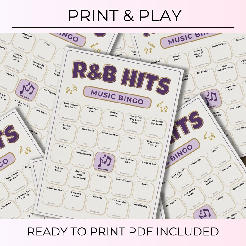 R&B Music Bingo, 100 Unique Cards with Spotify Playlist, Printable Party Game & Music Night Activity