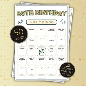 Bingo musicale per il 60° compleanno, 50 cartelle uniche con playlist Spotify, attività stampabile per feste, nato nel 1966, download immediato.