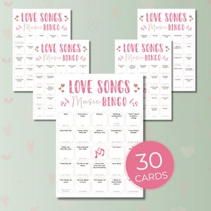 Love Songs Music Bingo, Fun Printable Game, Valentine's Day Celebration, 30 Cards, Music Party Activity