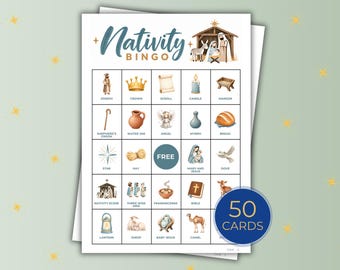 Nativity Bingo Printable, 50 Unique Cards, Christmas Bible Game, Sunday School Activity