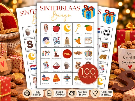 Sinterklaas Bingo Spel Printbaar, 100 Unieke Kaarten, Sinterklaas Activiteit voor Kinderen, School, Pakjesavond of Familiefeest